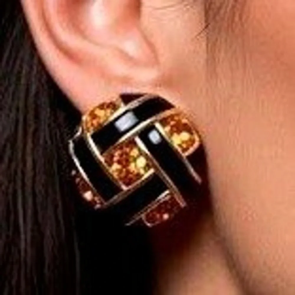 Vintage NOS Sue Ellen England Black Enamel Gold Tone Crystal Clip On Earrings